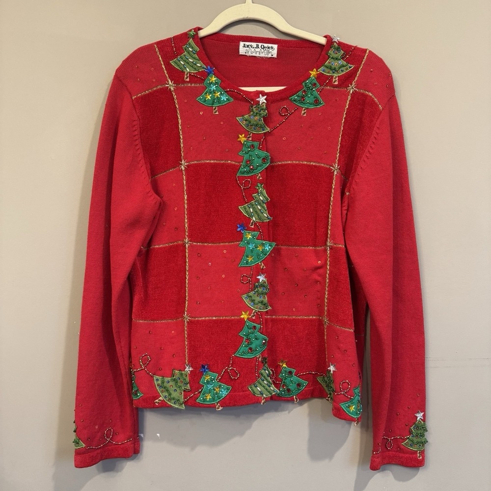 VTG Jack B Quick Originals Ugly Christmas Red Sweater Christmas Trees. Medium
